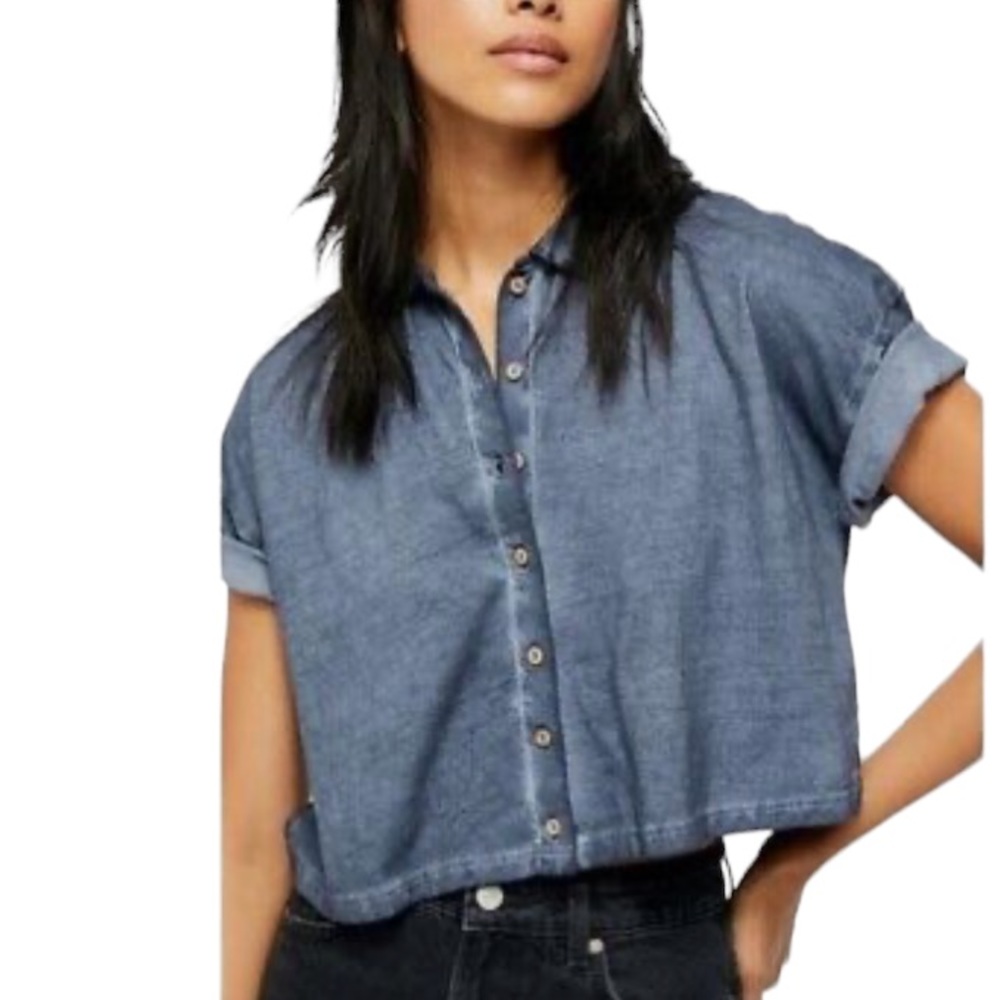 Free People Navy Weekend Rush Button Down Collared Top New with Tag W-506 Size S - Picture 1 of 11